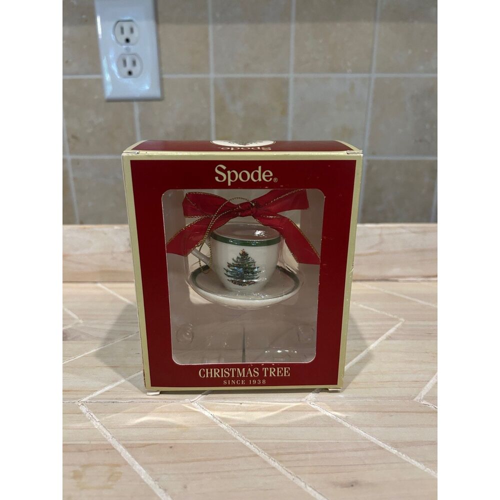 NIB Spode Christmas Tree Miniature Teacup & Saucer Set Ornament